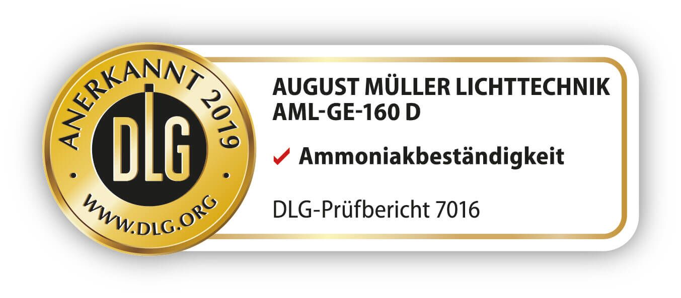 LED Hallenstrahler AML® GE-80 D - dimmbar, 10.800lm, 80W, 4.000K, IP65, 5 Jahre Garantie 7 DLG Prüfsiegel für Ammoniakbeständigkeit. Das Siegel zeigt das DLG-Logo und den Text "Ammoniakbeständigkeit".