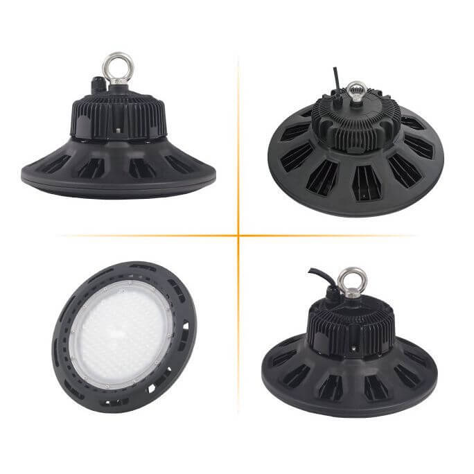 LED Hallenstrahler AML® GE-80 D - dimmbar, 10.800lm, 80W, 4.000K, IP65, 5 Jahre Garantie 2 Vier Ansichten des AML GE LED Hallenstrahlers in Profi-Qualität, inklusive Leuchtfläche und robustem Gehäuse.