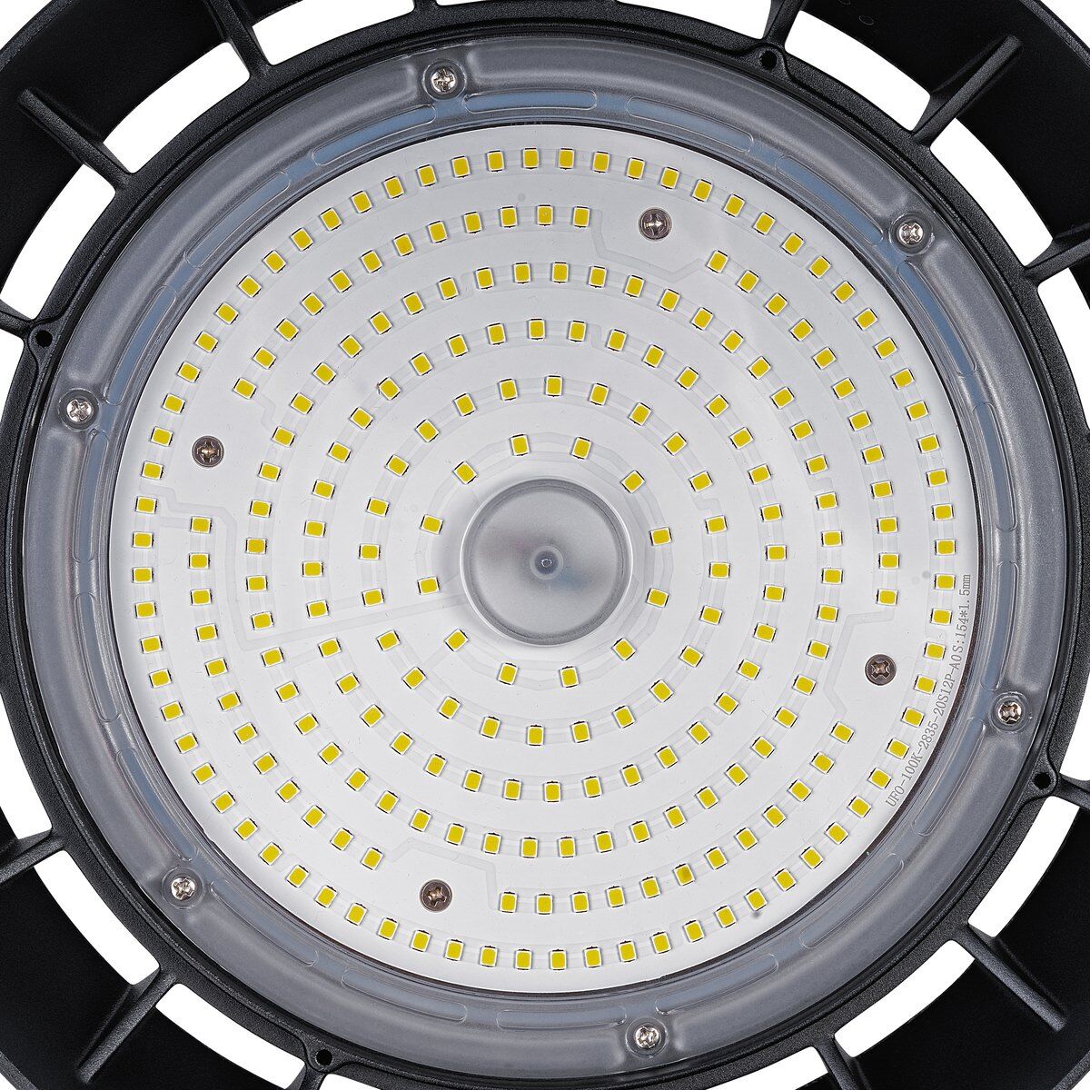 LED-Modul des LED Hallenstrahlers AML® GE2-100 mit Lumileds® LED-Chips hinter der Abdeckung, umgeben von Kühlrippen