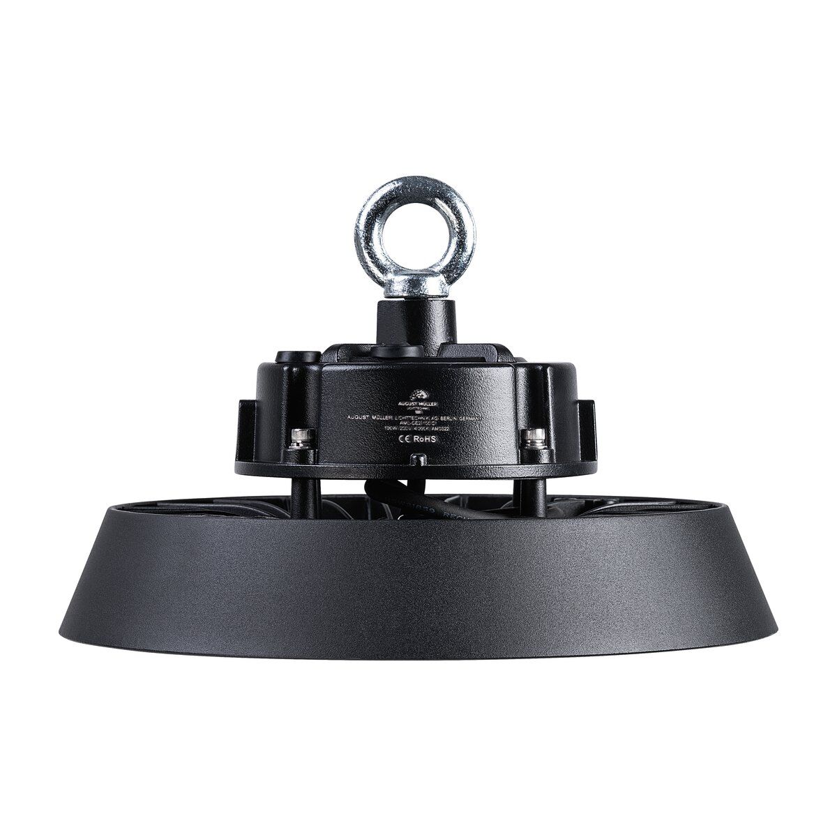 LED Hallenstrahler AML® GE2-100 von der Seite mit aufgesetztem Treibergehäuse und Ringöse für die Hallenmontage