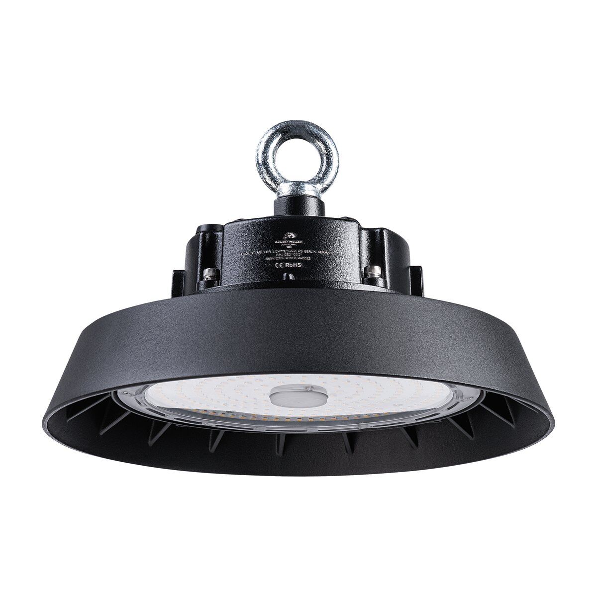 LED Hallenstrahler AML® GE2-100 in der Seitenansicht mit Ringöse, Treibergehäuse und rundem Gehäuse aus Aluminiumdruckguss