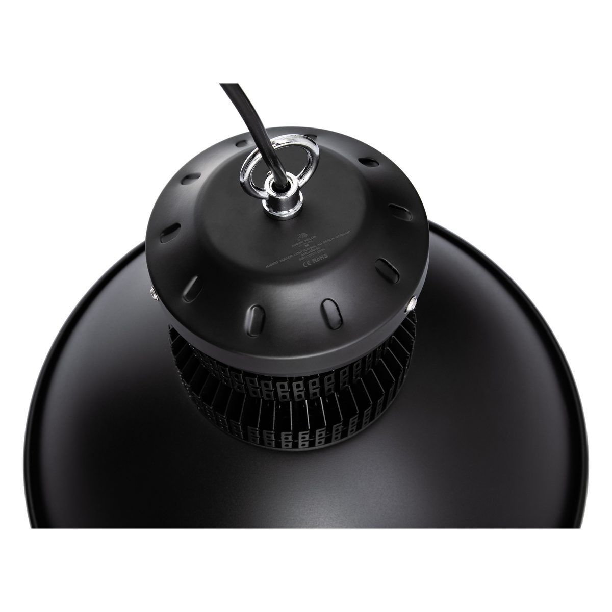 Draufsicht auf den LED Hallenstrahler AML® HBB2-60 mit eingravierter AML® Kennzeichnung und Kühlkörper