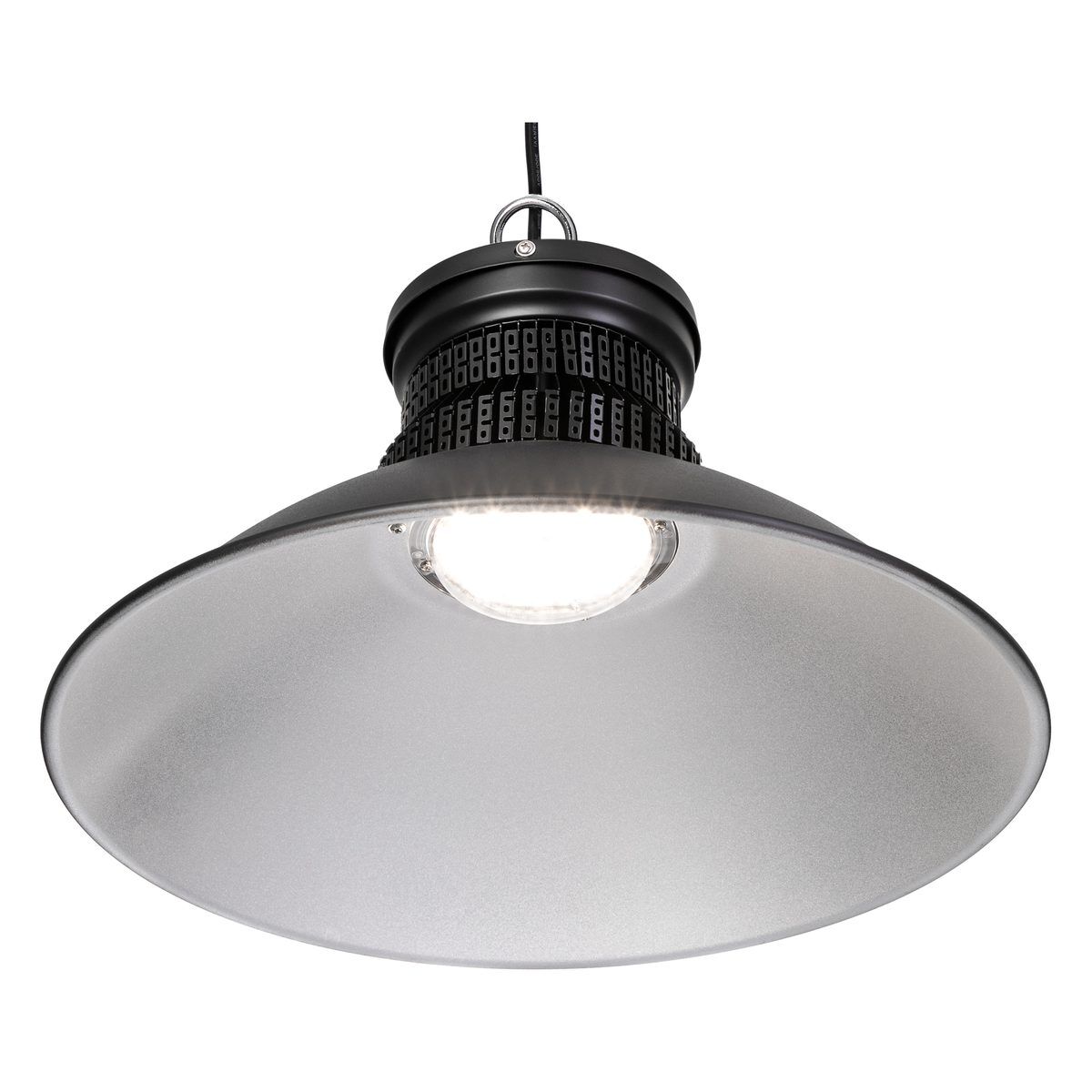 Eingeschalteter LED Hallenstrahler AML® HBB2-60 im Retro-Design mit leuchtendem LED-Modul im Reflektor