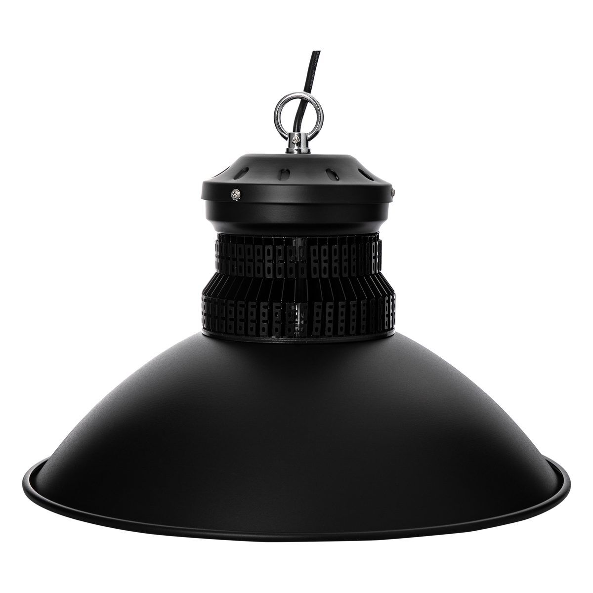 Seitenansicht des LED Hallenstrahlers AML® HBB2-60 im Retro-Design mit mattschwarzem Schirm und Ringöse zur Abhängung