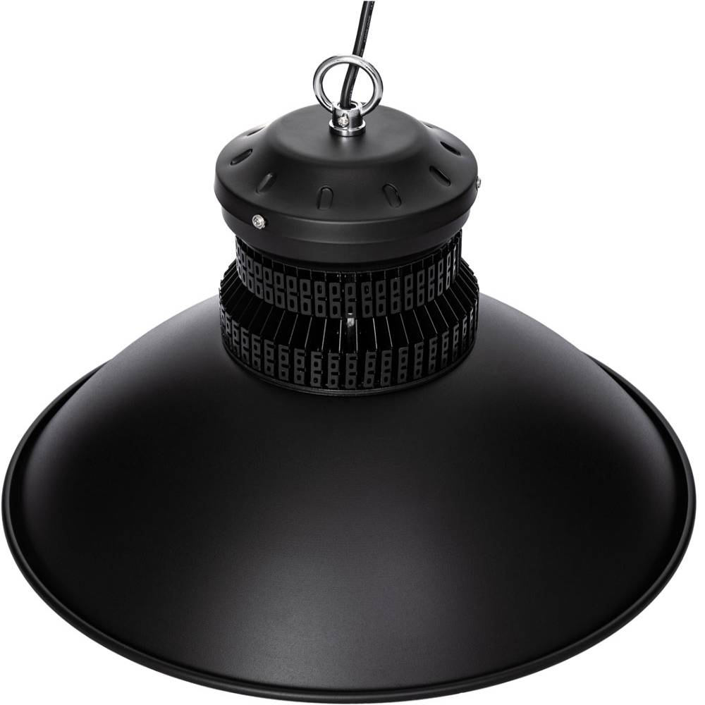Blick von oben auf den LED-Hallenstrahler HBB2, der die glockenförmige Reflektorstruktur und die zentrale Aufhängung zeigt.