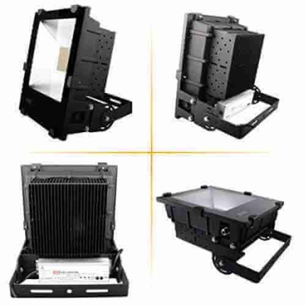 Übersicht: AML® LED Flutlichtstrahler der FLP-Reihe aus vier Perspektiven, professionelle Außenleuchte mit IP65 Schutz und Industriequalität für robuste Anwendungen.
