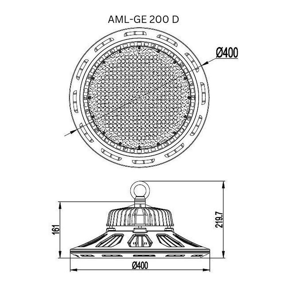 Maßzeichnung des 200W LED Hallenstrahlers AML® GE-200 D mit Ø 400 mm und 219,7 mm Höhe