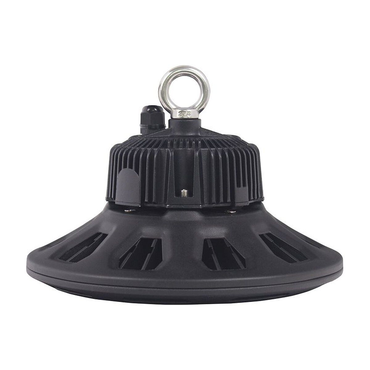 Seitenansicht des LED Hallenstrahlers AML® GE mit Kühlkörper, Kabelverschraubung und Edelstahl-Ringöse