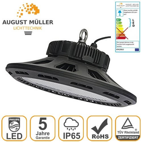 LED Hallenstrahler AML® GE-200 D - dimmbar, 27.000lm, 200W, 4.000K, IP65, 5 Jahre Garantie 2 Produktansicht des LED Hallenstrahlers AML-GE mit verschiedenen Zertifizierungen