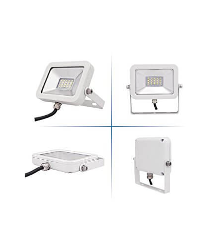 LED Strahler AML-FL in weißem Gehäuse, Ansicht aus vier Perspektiven.
