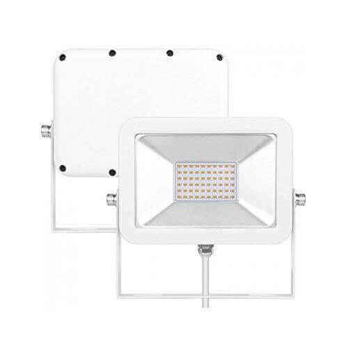 LED Strahler AML-FL in weißem Gehäuse, Ansicht von vorne und hinten.