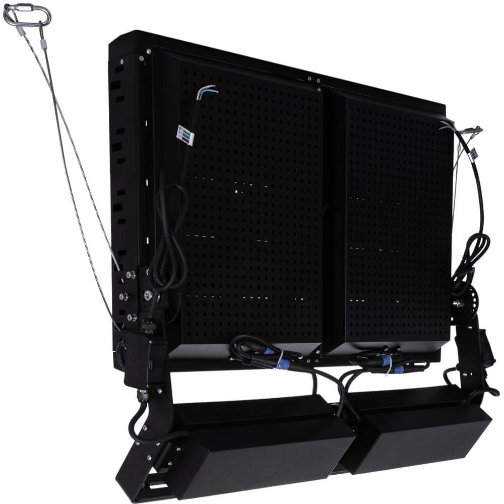Rückansicht AML® FLHP-1000 1000W LED Flutlichtstrahler mit Kühlkörpern und externen Mean Well® Treiberboxen für ausfallsicheren Dauerbetrieb